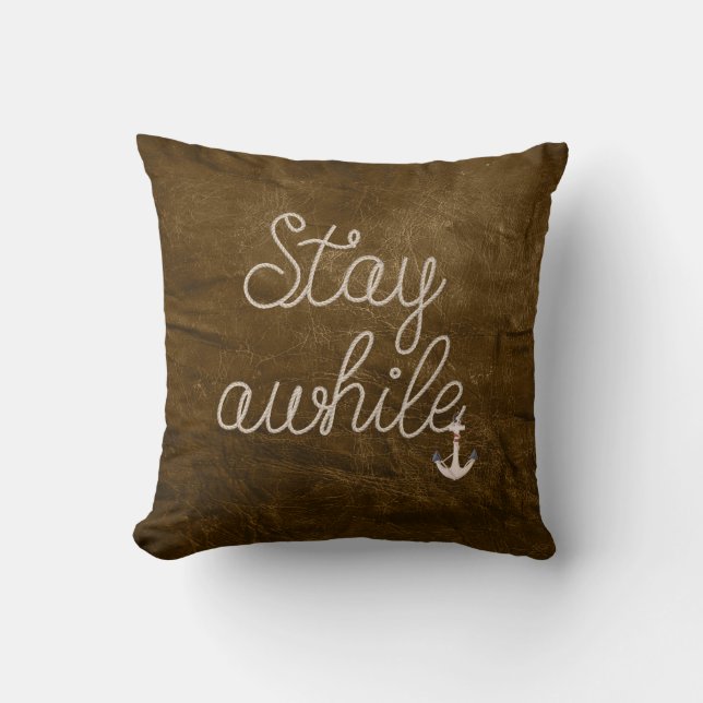 Stay Awhile Text Nautical Rope Accent Pillow (Front)