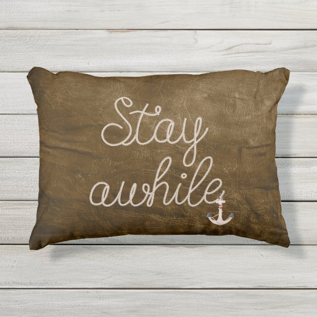 Stay Awhile Text Nautical Rope Accent Pillow (Front)