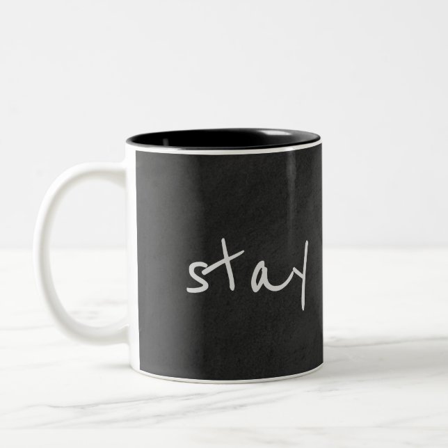 "stay awhile" text on black chalkboard Two-Tone coffee mug (Left)