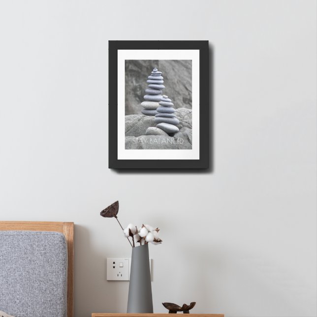 Stay Balanced Motivational Quote Rock Cairns Framed Art (Bedside)