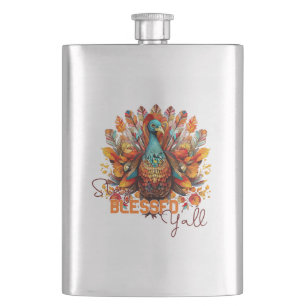 Stay Blessed Y'all with Colorful Turkey  Flask