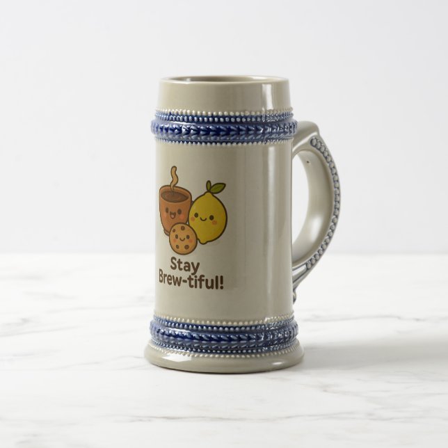 Stay Brew-tiful – Cute Coffee, Lemon & Cookie  Beer Stein (Front Right)
