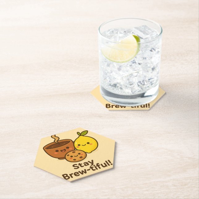 Stay Brew-tiful – Cute Coffee, Lemon & Cookie  Paper Coaster (Insitu)
