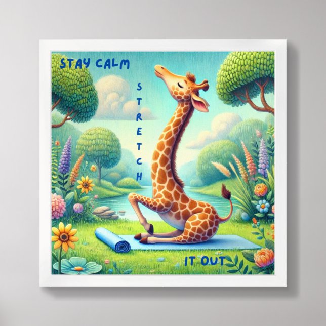 Stay Calm Stretch It Out - Giraffe Yoga Design Framed Art (Framed Front)