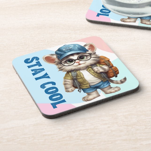 Stay Cool Cat Wearing Glasses Cap Back To School Beverage Coaster (Left Side)