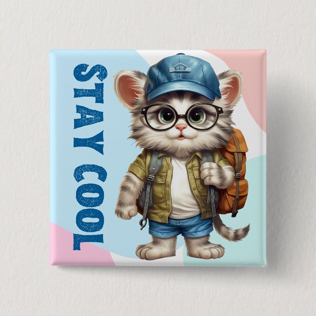 Stay Cool Cat Wearing Glasses Cap Back To School Button (Front)