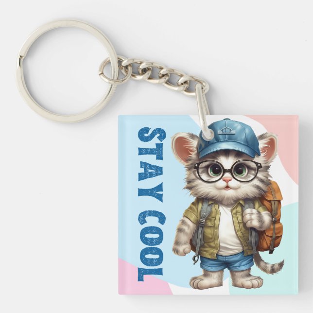 Stay Cool Cat Wearing Glasses Cap Back To School Keychain (Front)