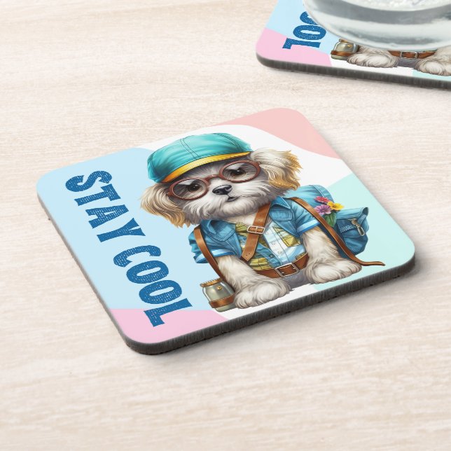 Stay Cool Dog Wearing Glasses Cap Back To School  Beverage Coaster (Left Side)