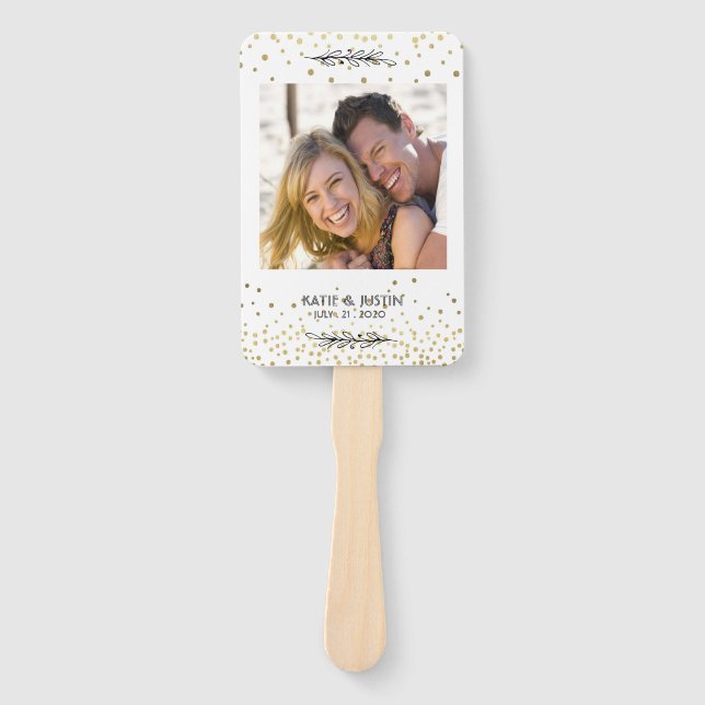 Stay Cool Gold Confetti Photo Wedding Hand Fans (Front)