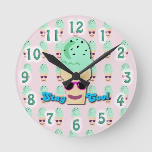 Stay Cool Ice Cream Cone Cute Fun Cartoon Art Round Clock