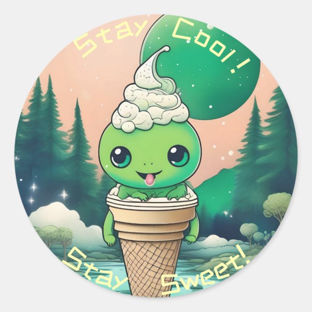 "Stay Cool, Stay Sweet - Ice Cream Creature Tee" Classic Round Sticker (Front)