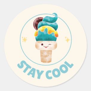 Stay Cool Watercolor Ice Cream Cone Pastel Classic Round Sticker