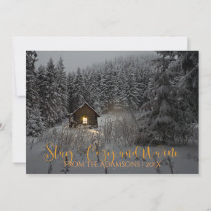 Stay Cozy And Warm Log Cabin in Snow Photo Invitation