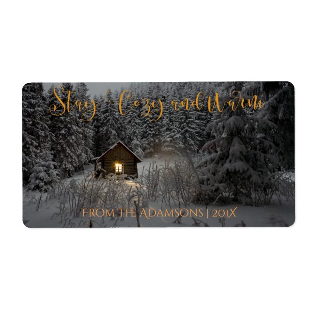 Stay Cozy And Warm Log Cabin in Snow Photo Label (Front)