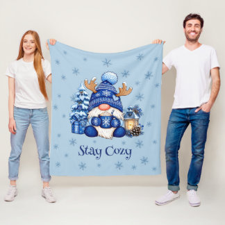 Stay Cozy Blue Christmas Gnome Winter Fleece Blanket