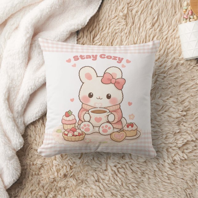 Stay Cozy Cute Bunny Pink Gingham Sweet Home  Throw Pillow (Blanket)