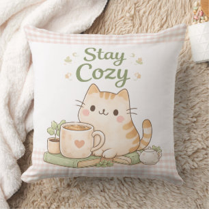 Stay Cozy Cute Kitty Cat Pink Gingham Sweet Home  Throw Pillow
