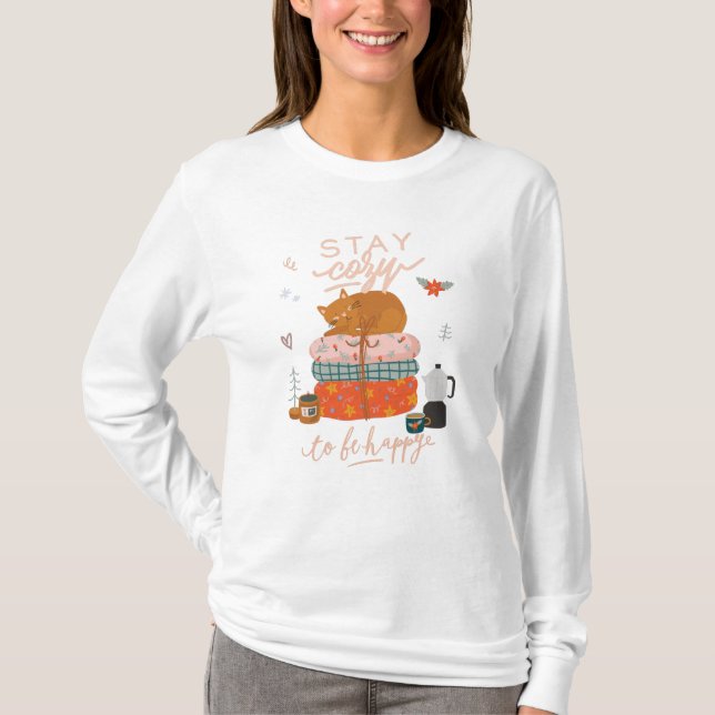 Stay Cozy Fall Autumn Cat T-Shirt (Front)