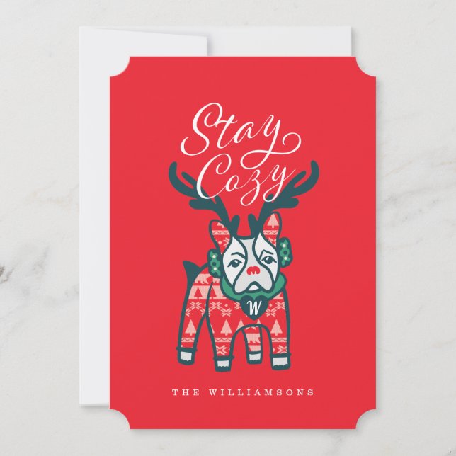 Stay Cozy | French Bulldog Reindeer Christmas Holiday Card (Front)
