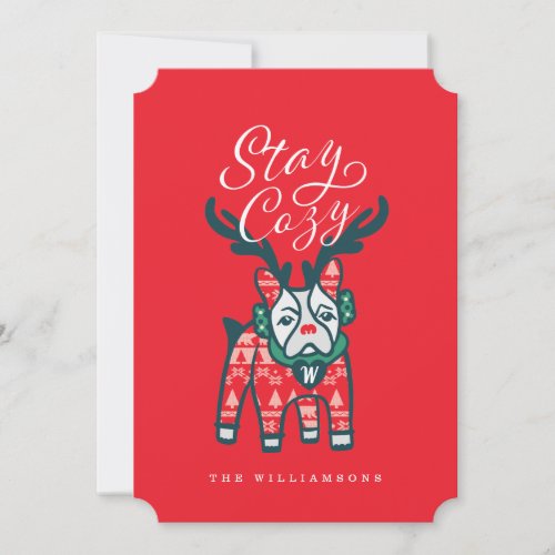 Stay Cozy  French Bulldog Reindeer Christmas Holiday Card