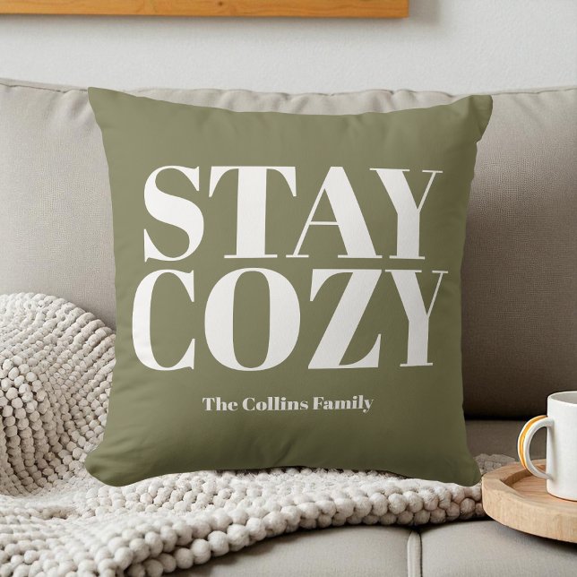 Stay Cozy Green Festive White Typography Holiday Throw Pillow (Creator Uploaded)