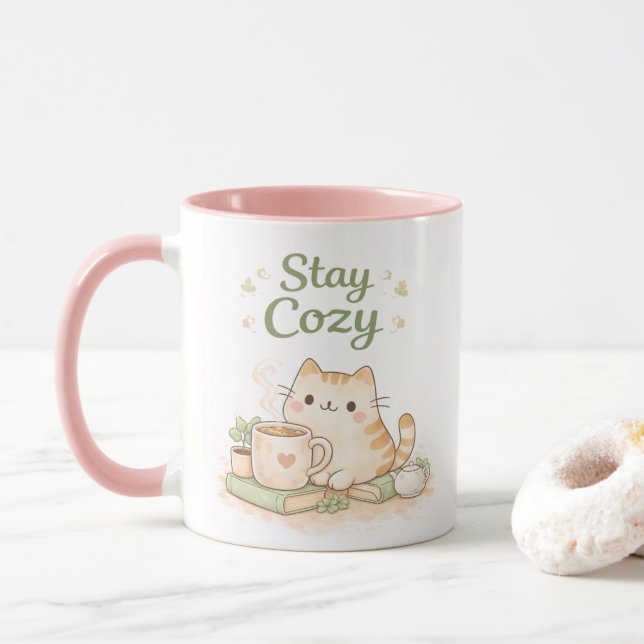 Stay Cozy Kawaii Cute Kitty Cat Coffee Sweet Pink  Mug (With Donut)