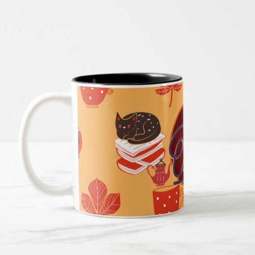 Stay Cozy Monogrammed HYGGE Scandinavian Folk Cat Two_Tone Coffee Mug