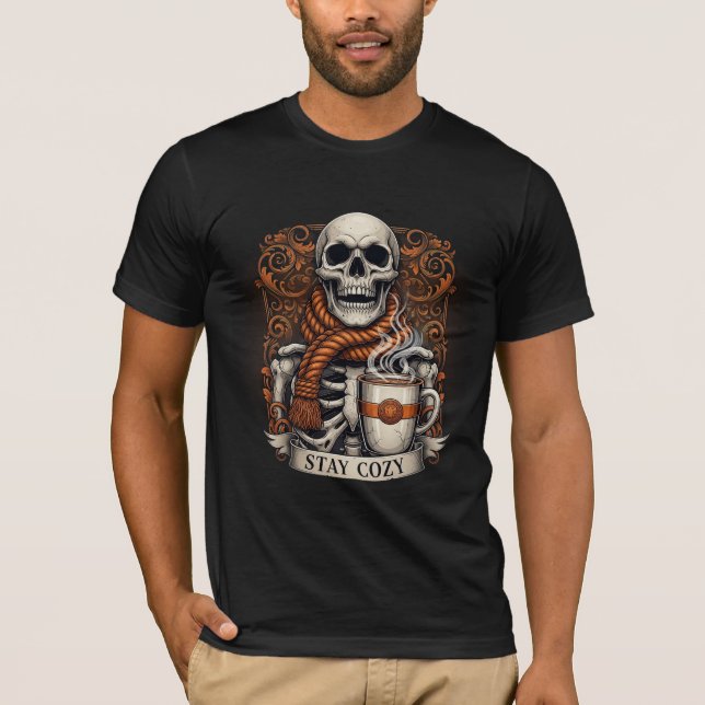 Stay Cozy Skeleton with Coffee Mug T-Shirt (Front)