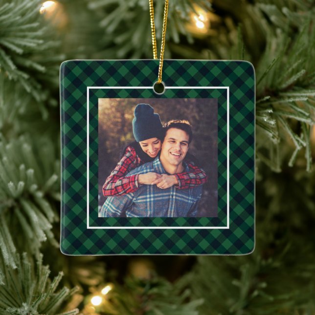Stay Cozy Trendy Green Buffalo Plaid Family Photo Ceramic Ornament (Tree)