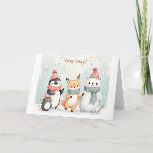 Stay Cozy Winter Animals Greeting Card (Front)