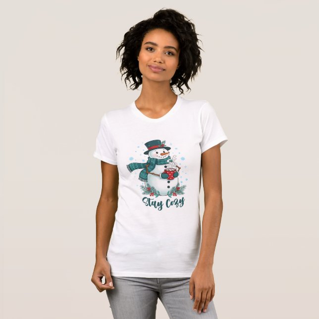Stay Cozy Winter Snowman With Hot Cocoa T-Shirt (Front Full)