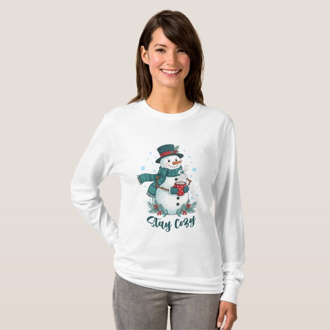 Stay Cozy Winter Snowman With Hot Cocoa T-Shirt (Front Full)