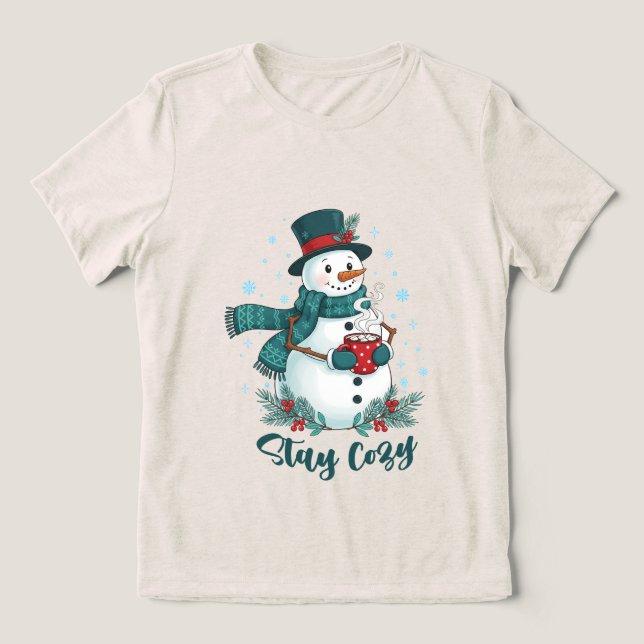 Stay Cozy Winter Snowman With Hot Cocoa Tri-Blend Shirt (Design Front)