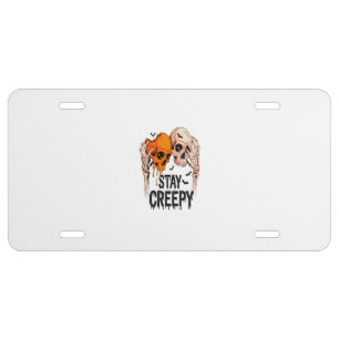Stay Creepy PNG, Retro Skull Halloween License Plate