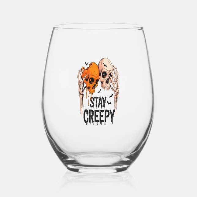 Stay Creepy PNG, Retro Skull Halloween Stemless Wine Glass (Front)