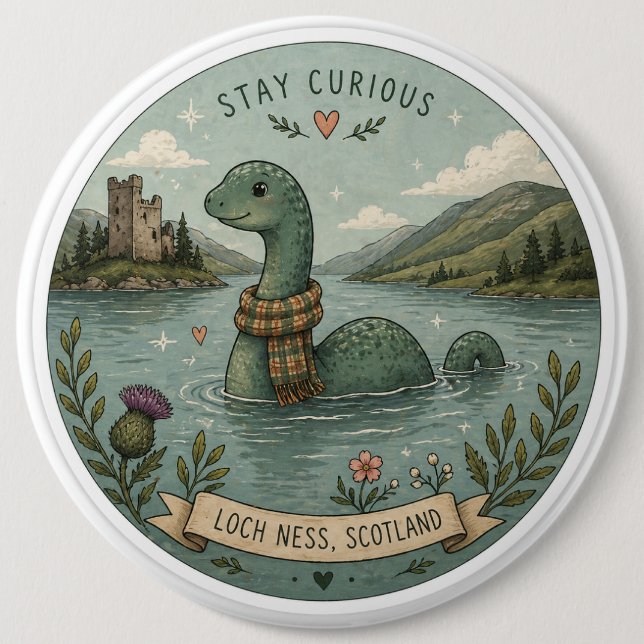 Stay Curious Cozy Cryptid Nessie Loch Ness Monster Button (Front)