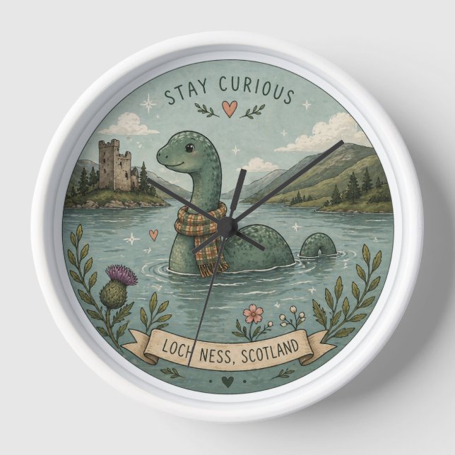 Stay Curious Cozy Cryptid Nessie Loch Ness Monster Clock (Front)