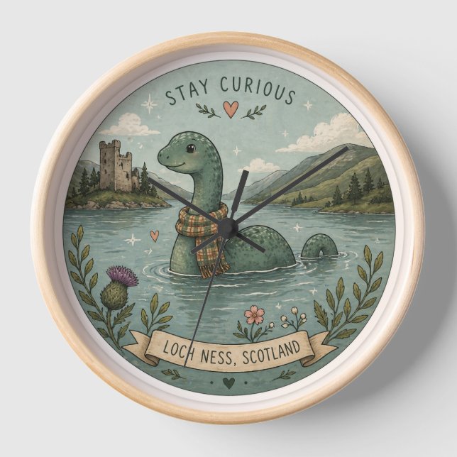 Stay Curious Cozy Cryptid Nessie Loch Ness Monster Clock (Front)