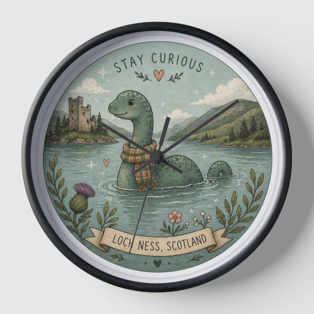 Stay Curious Cozy Cryptid Nessie Loch Ness Monster Clock (Front)