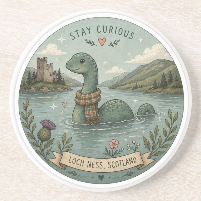 Stay Curious Cozy Cryptid Nessie Loch Ness Monster Coaster (Front)