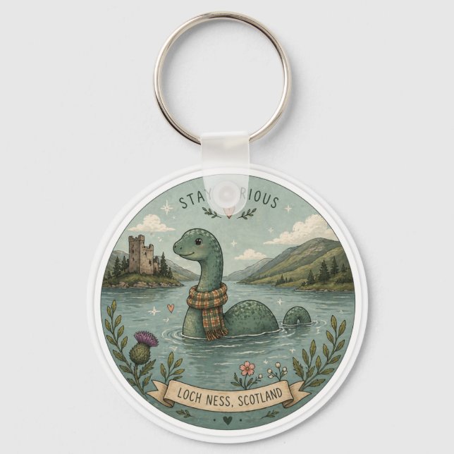 Stay Curious Cozy Cryptid Nessie Loch Ness Monster Keychain (Front)