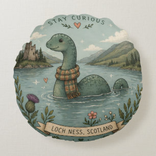 Stay Curious Cozy Cryptid Nessie Loch Ness Monster Round Pillow
