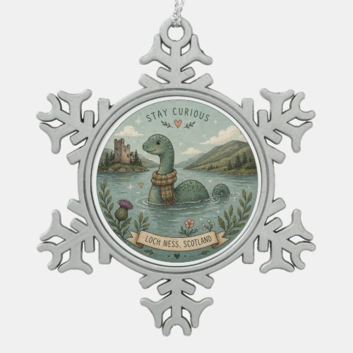 Stay Curious Cozy Cryptid Nessie Loch Ness Monster Snowflake Pewter Christmas Ornament