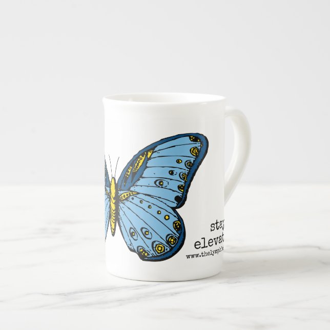 "Stay Elevated" Blue Butterfly Mug (Front Right)
