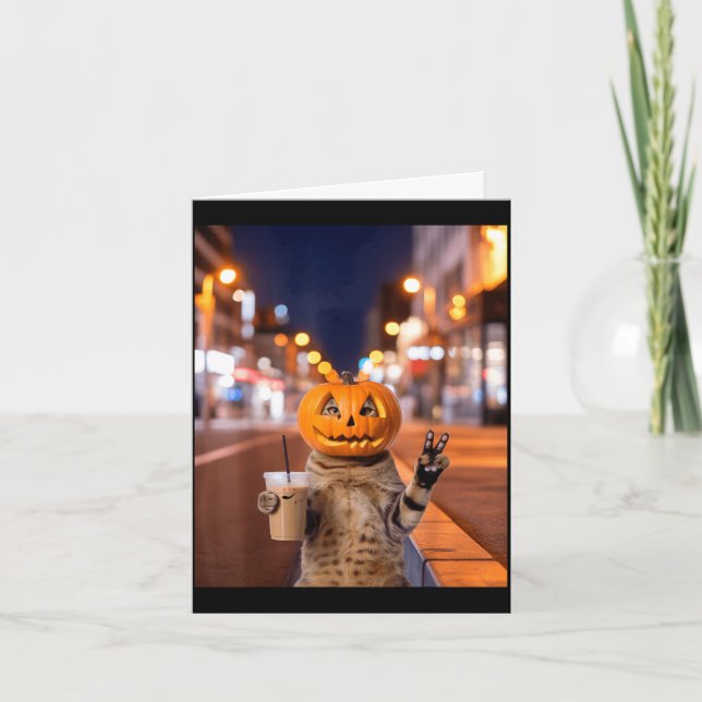 Stay feral halloween cat drinking iced coffee card (Front)