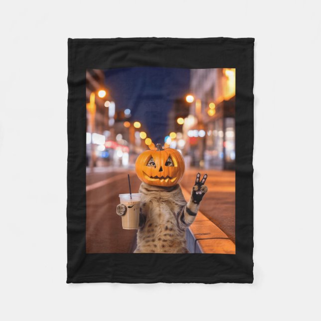 Stay feral halloween cat drinking iced coffee fleece blanket (Front)