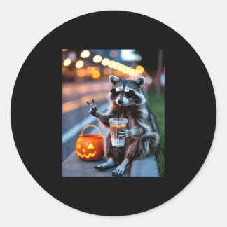 Stay feral raccoon drinking iced coffee halloween classic round sticker
