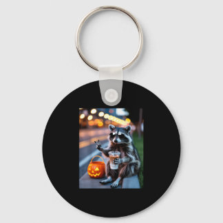 Stay feral raccoon drinking iced coffee halloween keychain