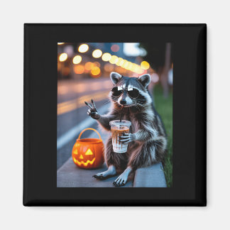 Stay feral raccoon drinking iced coffee halloween magnet