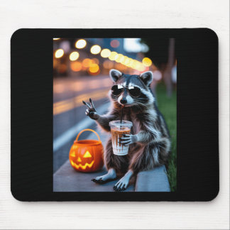 Stay feral raccoon drinking iced coffee halloween mouse pad